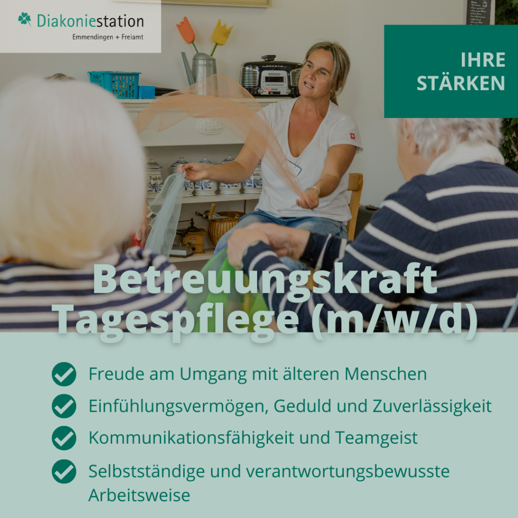 Betreuungskraft macht einen Tüchertanz mit einigen Gästen. Darüber hinaus sind die Stärken der für die Stelle gesuchten Person aufgezählt Freude am Umgang mit älteren Menschen Einfühlungsvermögen, Geduld und Zuverlässigkeit Kommunikationsfähigkeit und Teamgeist Selbstständige und verantwortungsbewusste Arbeitsweise